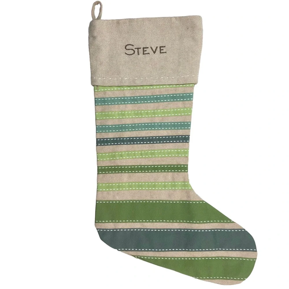 WEST ELM Linen Christmas Stocking Green Grosgrain Ribbon ~ “Steve” Monogram